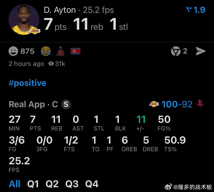 艾顿关键表现助湖人逆转火箭